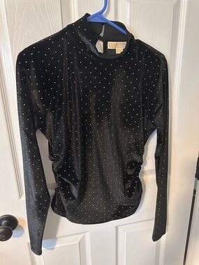 Michael Kors Black Velvet Long Sleeve Top with Gold Studs